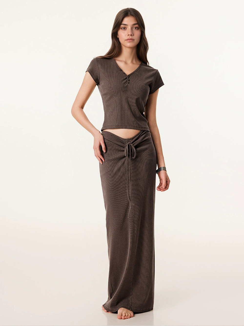 Zara Low Rise Drawstring Slim Fit Bodycon Skirt and Short Sleeve Top Set